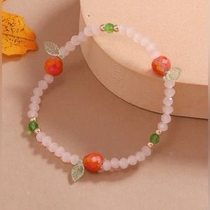 “You’re a Peach” Sparkling Peaches Leaves Beaded Stretchy Adjust Bangle Bracelet